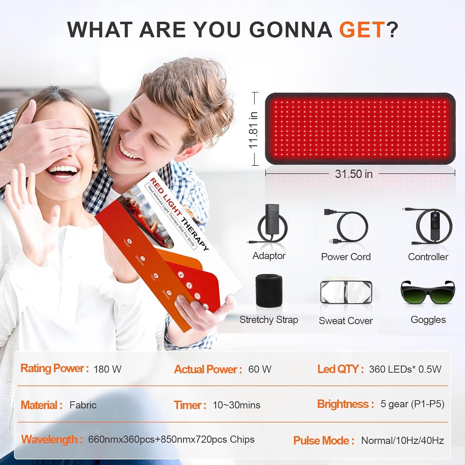 Red Light Therapy Mat for Body, 360 Leds 31.5"X11.8" near Infrared Light Therapy Pad, 660Nm & 850Nm Light Blanket for Back Shoulder Waist Muscle Pain Relief with Smart Temp & Timer, 60W